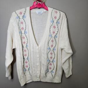 Vintage 80s Blair Boutique Women 3XL Cream HandKnit Floral Cardigan Cottage Folk